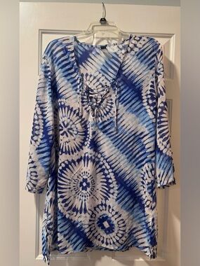 a.n.a Blue and White Tie-Dye Swim Coverup with Lace-Up Neck